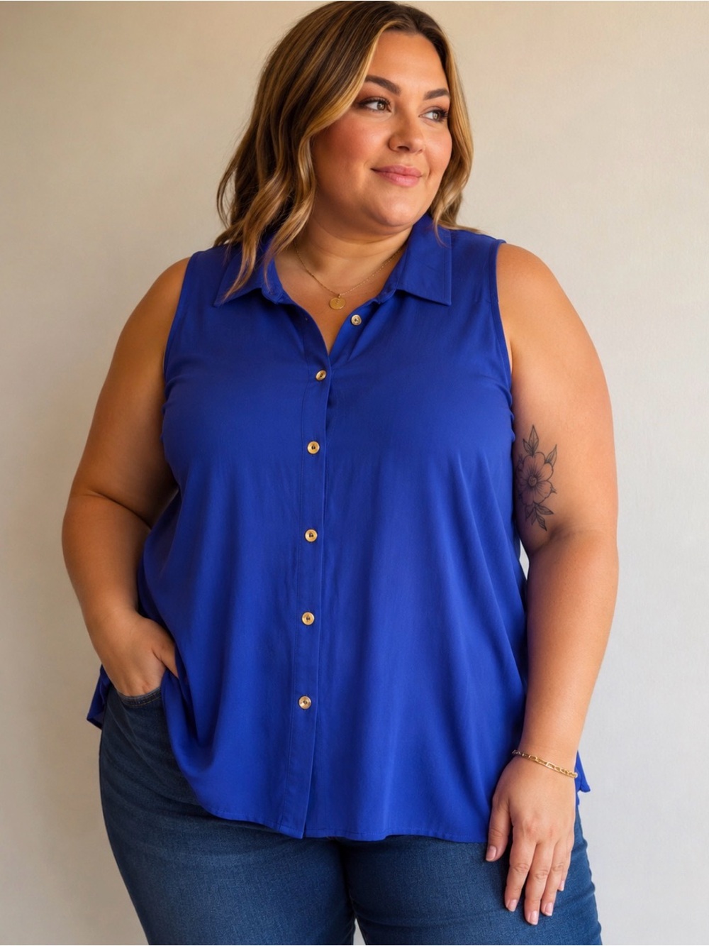 Dear Scarlett 3X Royal Blue Sleeveless Gold Button Blouse Plus Size NWT